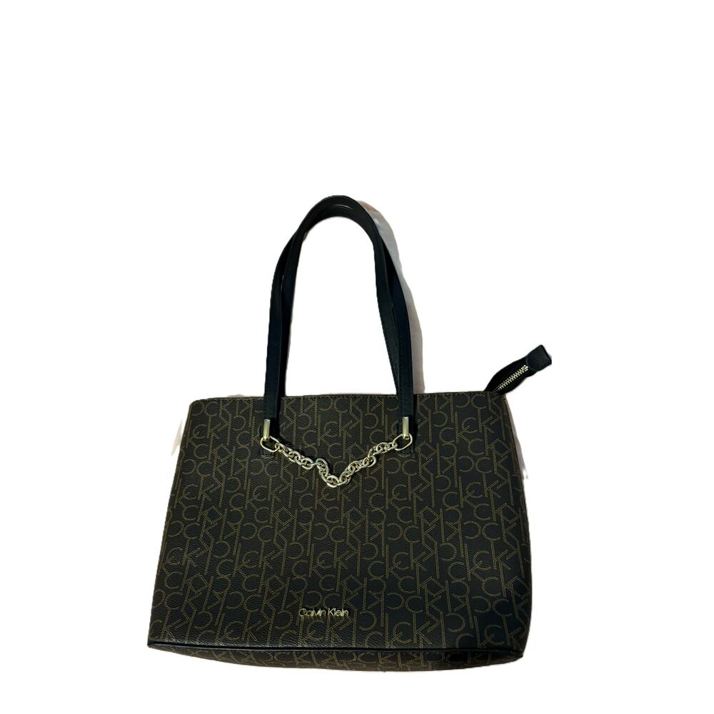 Calvin Klein Purse Tote Bag Black Shoulder Strap Gold Chain Pockets Zip Clos EUC